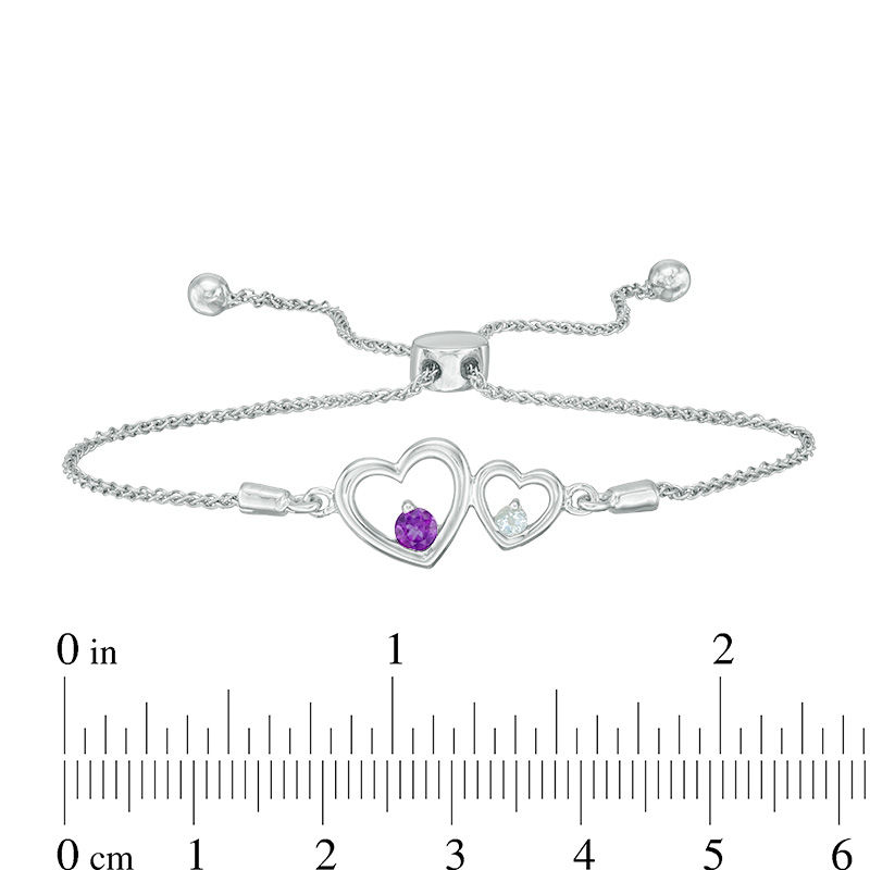 Couple’s Simulated Birthstone Double Heart Frame Bolo Bracelet in Sterling Silver (2 Stones)