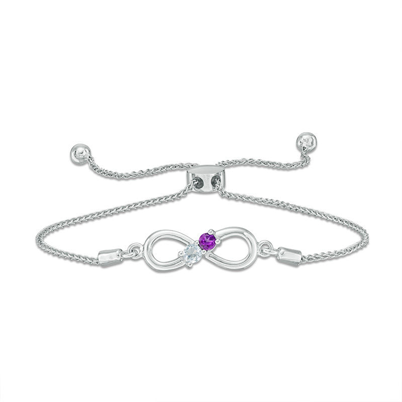 Couple’s Simulated Birthstone Infinity Bolo Bracelet in Sterling Silver (2 Stones)