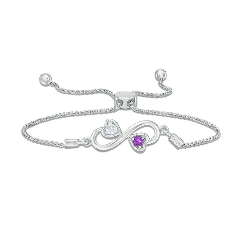 Couple’s Simulated Birthstone Double Heart Infinity Bolo Bracelet in Sterling Silver (2 Stones) - 8.0"|Peoples Jewellers