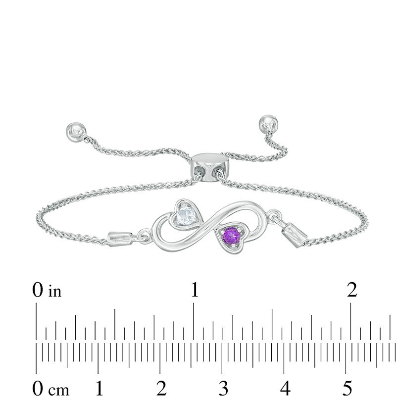 Couple’s Simulated Birthstone Double Heart Infinity Bolo Bracelet in Sterling Silver (2 Stones) - 8.0"