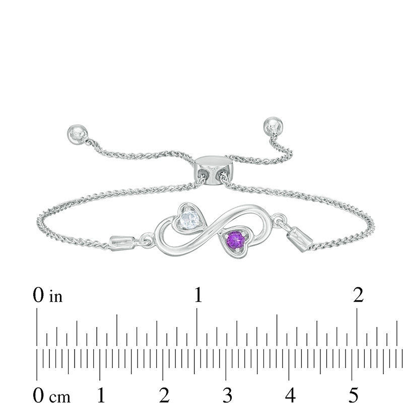 Main Image 2 of Couple’s Simulated Birthstone Double Heart Infinity Bolo Bracelet in Sterling Silver (2 Stones) - 8.0"