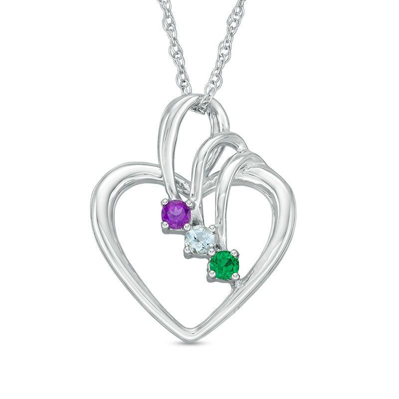 Mother's Simulated Birthstone Triple Loop Heart Pendant in Sterling Silver (3 Stones)