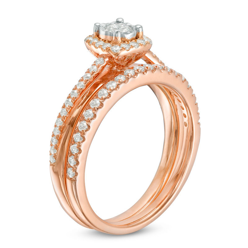 0.45 CT. T.W. Diamond Cushion Frame Bridal Set in 10K Rose Gold ...