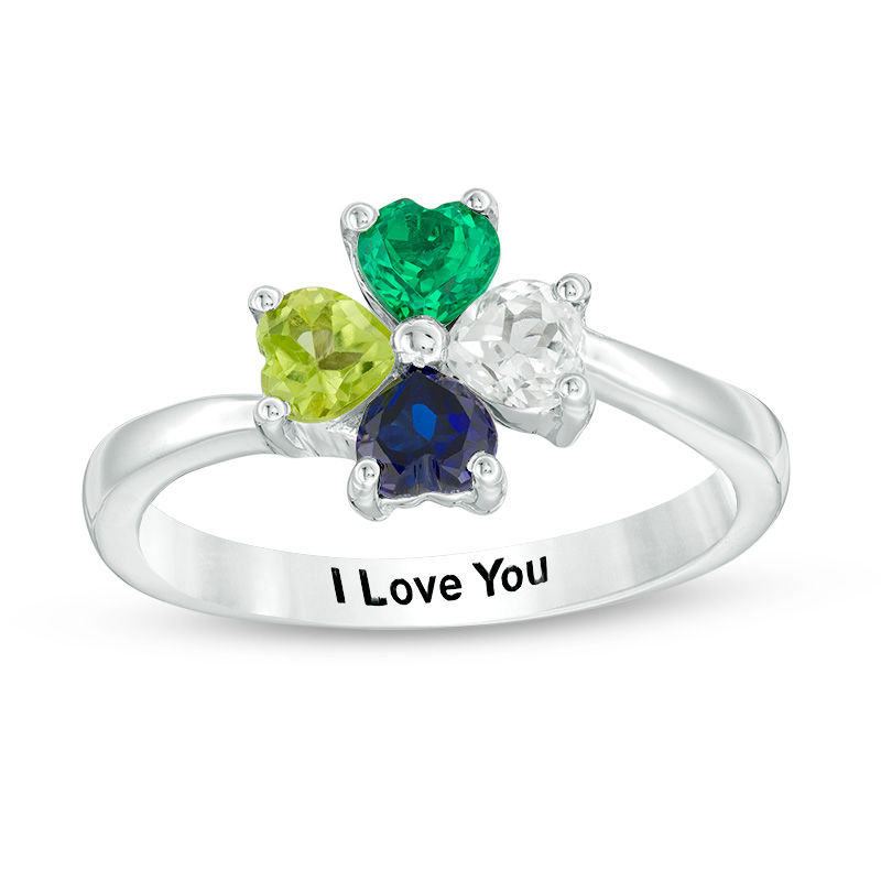 Main Image 1 of Mother’s 4.0mm Heart-Shaped Simulated Birthstone Four Leaf Clover Ring in Sterling Silver (15 Characters)