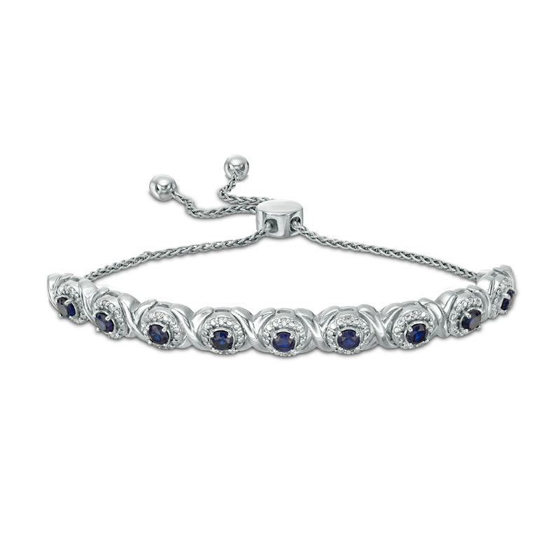 Lab-Created Blue Sapphire and 0.09 CT. T.W. Diamond Frame Bolo Bracelet in Sterling Silver - 9.5"|Peoples Jewellers