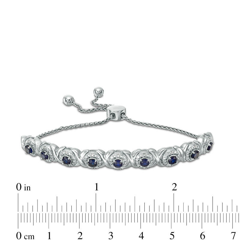 Lab-Created Blue Sapphire and 0.09 CT. T.W. Diamond Frame Bolo Bracelet in Sterling Silver - 9.5"