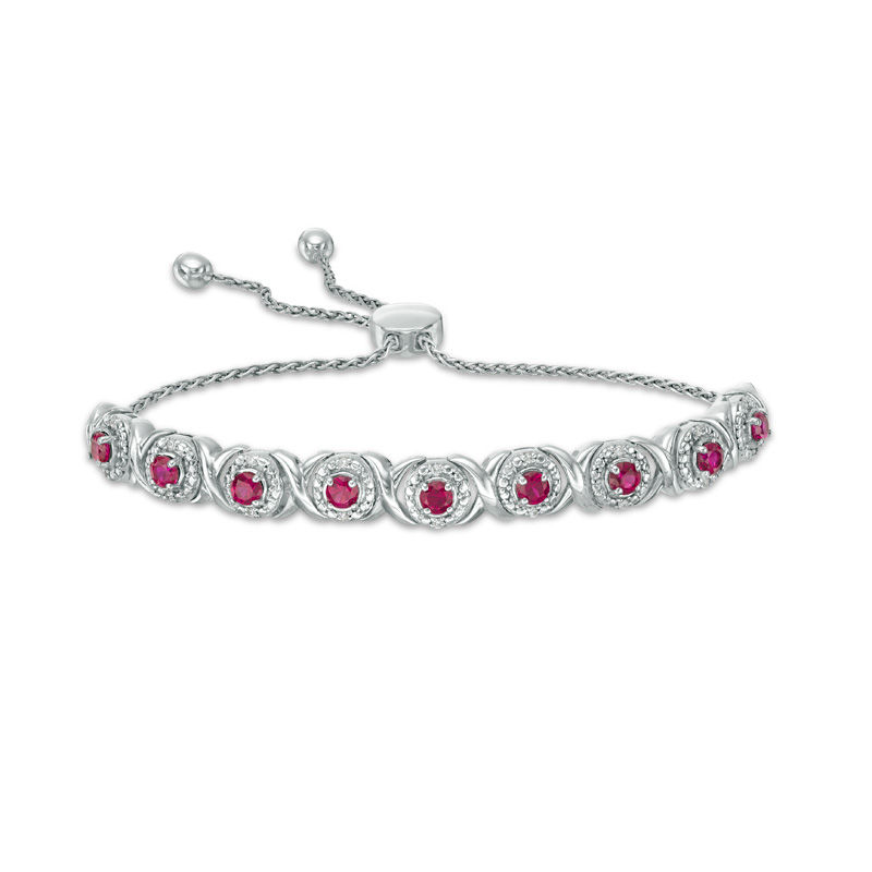 Lab-Created Ruby and 0.09 CT. T.W. Diamond Frame Bolo Bracelet in Sterling Silver - 9.5"