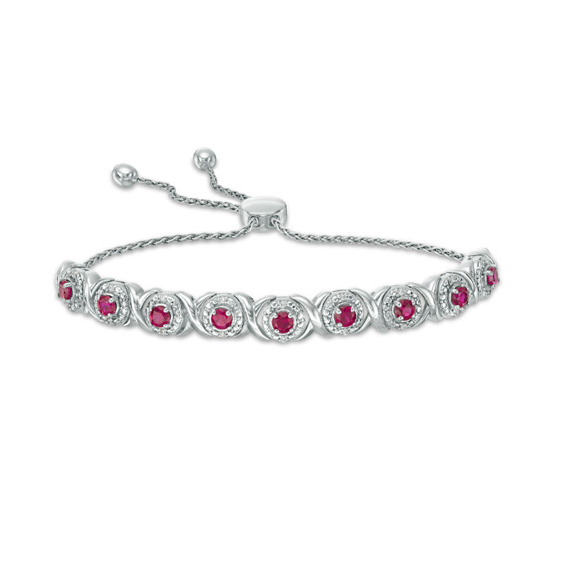 Lab-Created Ruby and 0.09 CT. T.W. Diamond Frame Bolo Bracelet in Sterling Silver - 9.5"|Peoples Jewellers