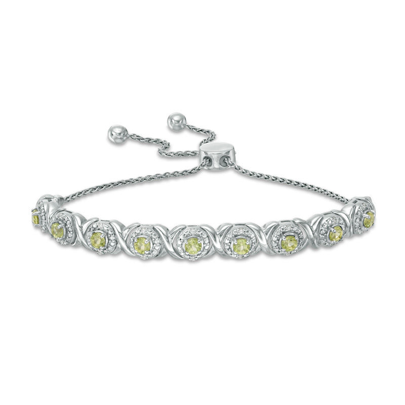 Peridot and 0.09 CT. T.W. Diamond Frame Bolo Bracelet in Sterling Silver - 9.5"