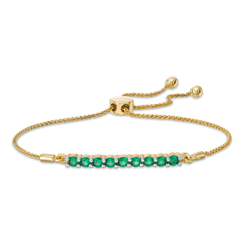 Lab-Created Emerald Nine Stone Bar Bolo Bracelet in 10K Gold - 9.5"|Peoples Jewellers