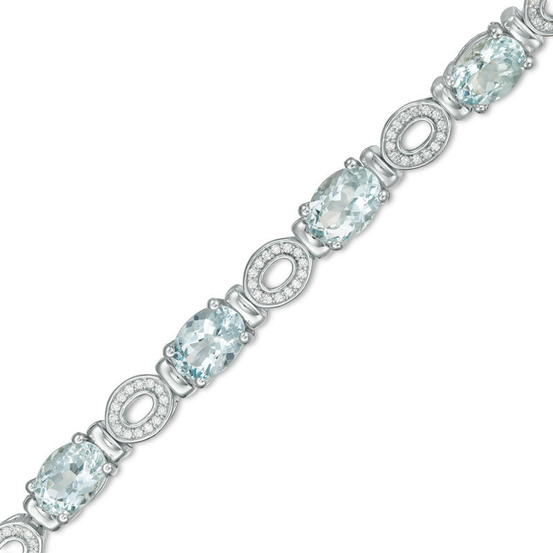 Oval Aquamarine and 0.46 CT. T.W. Diamond "O" Bracelet in Sterling Silver - 7.5"