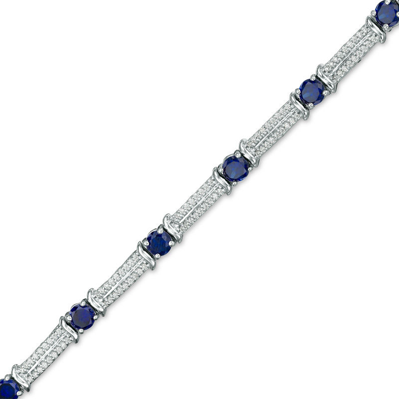 Lab-Created Blue Sapphire and 0.38 CT. T.W. Diamond Double Row Bracelet in Sterling Silver - 7.5"