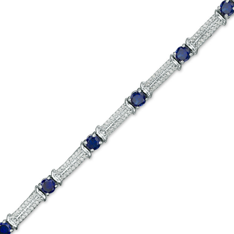 Lab-Created Blue Sapphire and 0.38 CT. T.W. Diamond Double Row Bracelet in Sterling Silver - 7.5"|Peoples Jewellers