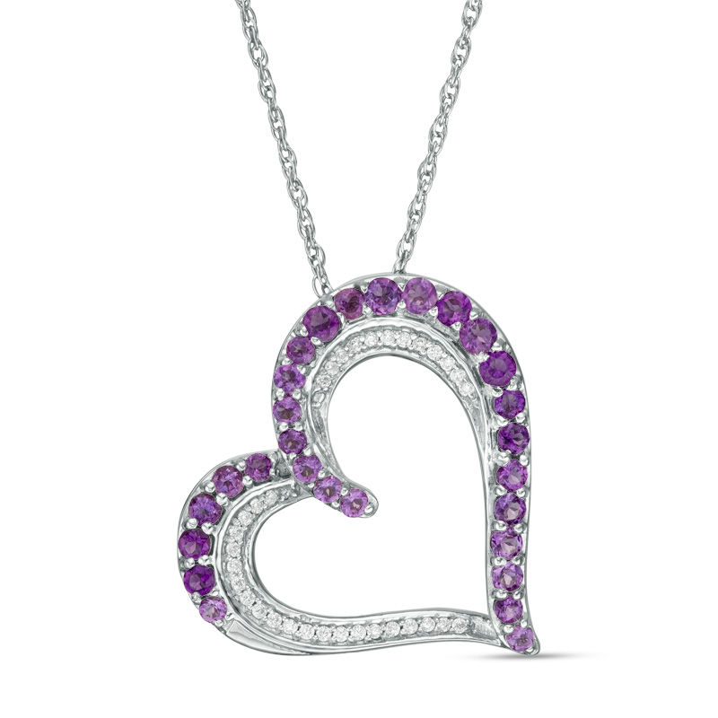 Amethyst and 0.09 CT. T.W. Diamond Tilted Heart Pendant in Sterling Silver