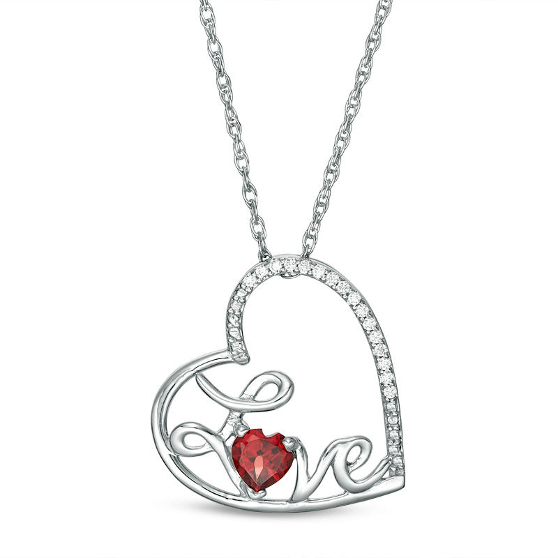 4.0mm Heart-Shaped Garnet and Diamond Accent Tilted "LOVE" Pendant in Sterling Silver