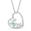 Thumbnail Image 1 of Heart-Shaped Aquamarine and Diamond Accent Tilted "LOVE" Pendant in Sterling Silver