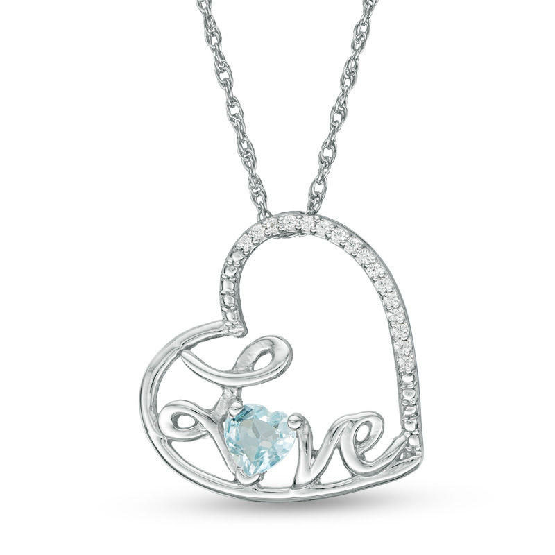 Heart-Shaped Aquamarine and Diamond Accent Tilted "LOVE" Pendant in Sterling Silver