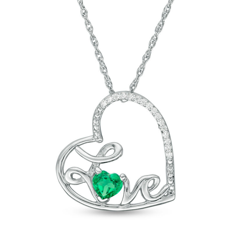 Heart-Shaped Lab-Created Emerald and Diamond Accent Tilted "LOVE" Pendant in Sterling Silver|Peoples Jewellers