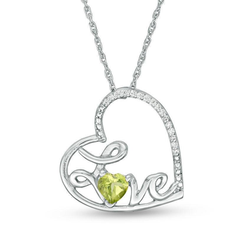 Heart-Shaped Peridot and Diamond Accent Tilted "LOVE" Pendant in Sterling Silver|Peoples Jewellers