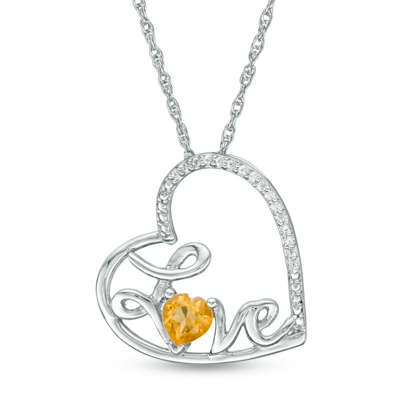 Heart-Shaped Citrine and Diamond Accent Tilted "LOVE" Pendant in Sterling Silver