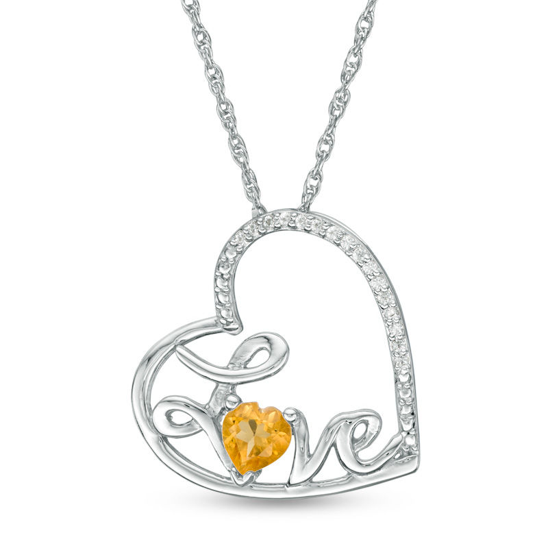 Heart-Shaped Citrine and Diamond Accent Tilted "LOVE" Pendant in Sterling Silver|Peoples Jewellers