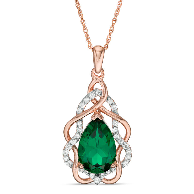 Pear-Shaped Lab-Created Emerald and White Sapphire Free-Form Frame Pendant in 10K Rose Gold