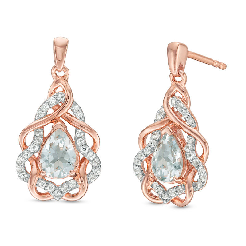 Main Image 1 of Pear-Shaped Aquamarine and Lab-Created White Sapphire Free-Form Frame Drop Earrings in 10K Rose Gold