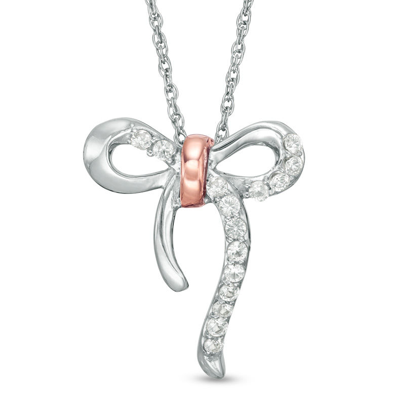 Lab-Created White Sapphire Bow Necklace in Sterling Silver and 10K Rose Gold