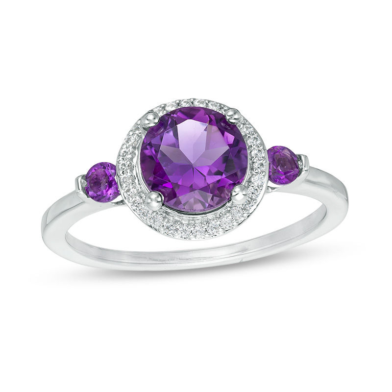 6.5mm Amethyst and 0.15 CT. T.W. Diamond Frame Three Stone Ring in Sterling Silver|Peoples Jewellers