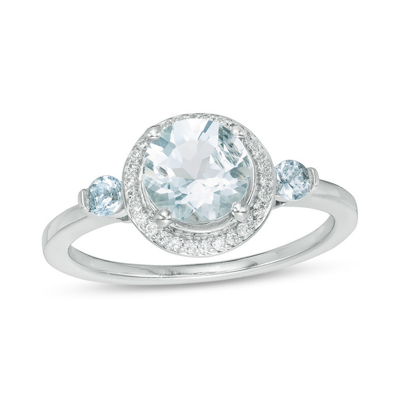 Aquamarine and 0.15 CT. T.W. Diamond Frame Three Stone Ring in Sterling Silver
