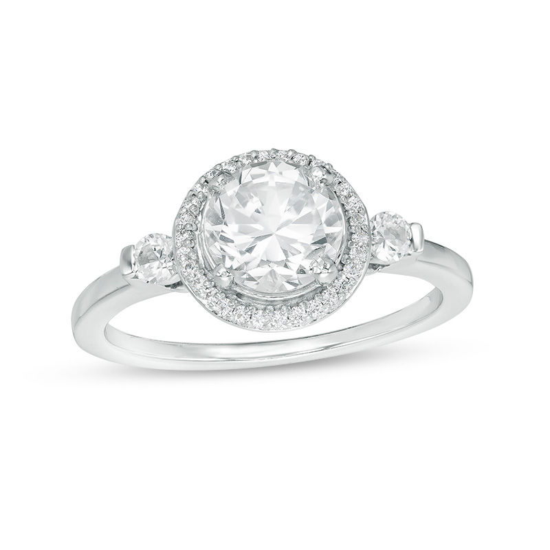 Lab-Created White Sapphire and 0.15 CT. T.W. Diamond Frame Three Stone Ring in Sterling Silver