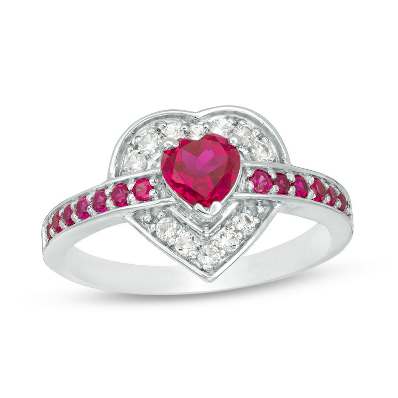 5.0mm Lab-Created Ruby and White Sapphire Heart Ring in Sterling Silver|Peoples Jewellers