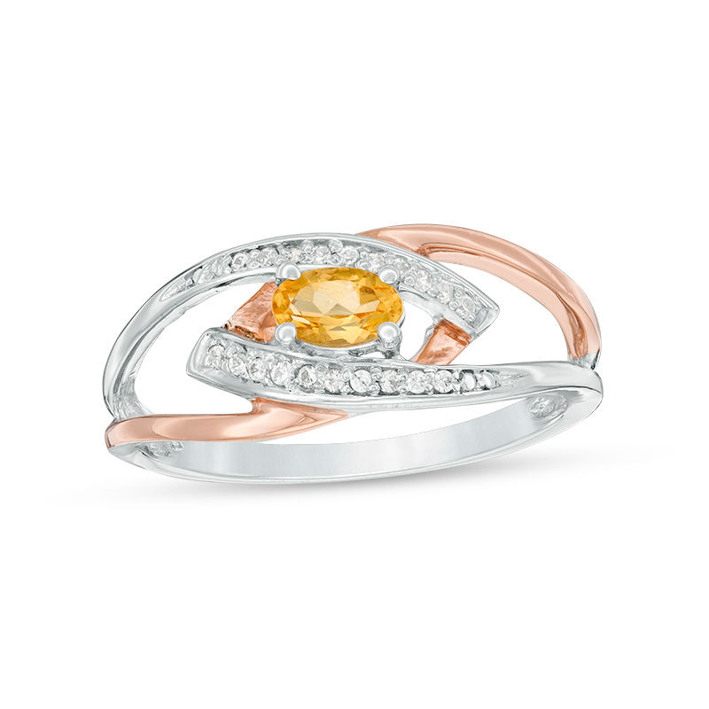 Oval Citrine and Diamond Accent Split Shank Ring in Sterling Silver and 10K Rose Gold|Peoples Jewellers