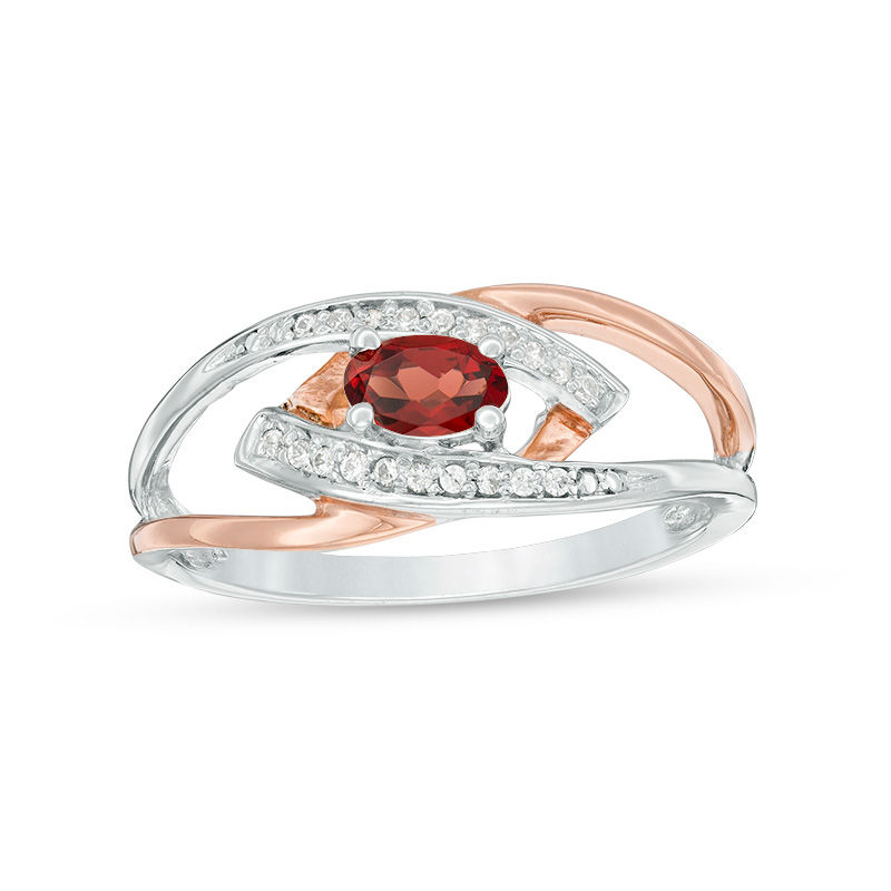 Oval Garnet and Diamond Accent Split Shank Ring in Sterling Silver and 10K Rose Gold|Peoples Jewellers