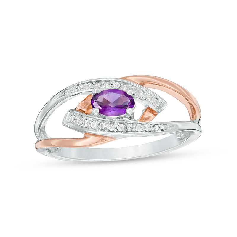 Oval Amethyst and Diamond Accent Spilt Shank Ring in Sterling Silver and 10K Rose Gold