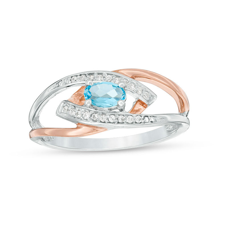 Oval Aquamarine and Diamond Accent Split Shank Ring in Sterling Silver and 10K Rose Gold|Peoples Jewellers