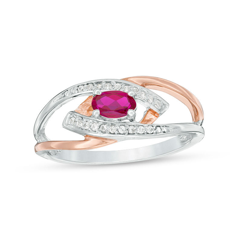 Oval Lab-Created Ruby and Diamond Accent Split Shank Ring in Sterling Silver and 10K Rose Gold