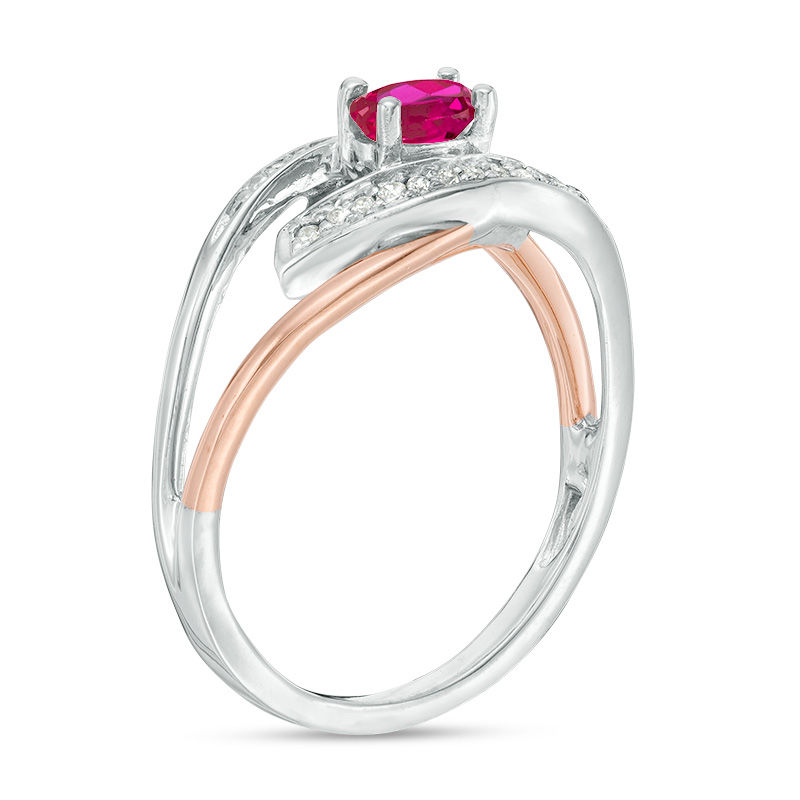 Oval Lab-Created Ruby and Diamond Accent Split Shank Ring in Sterling Silver and 10K Rose Gold