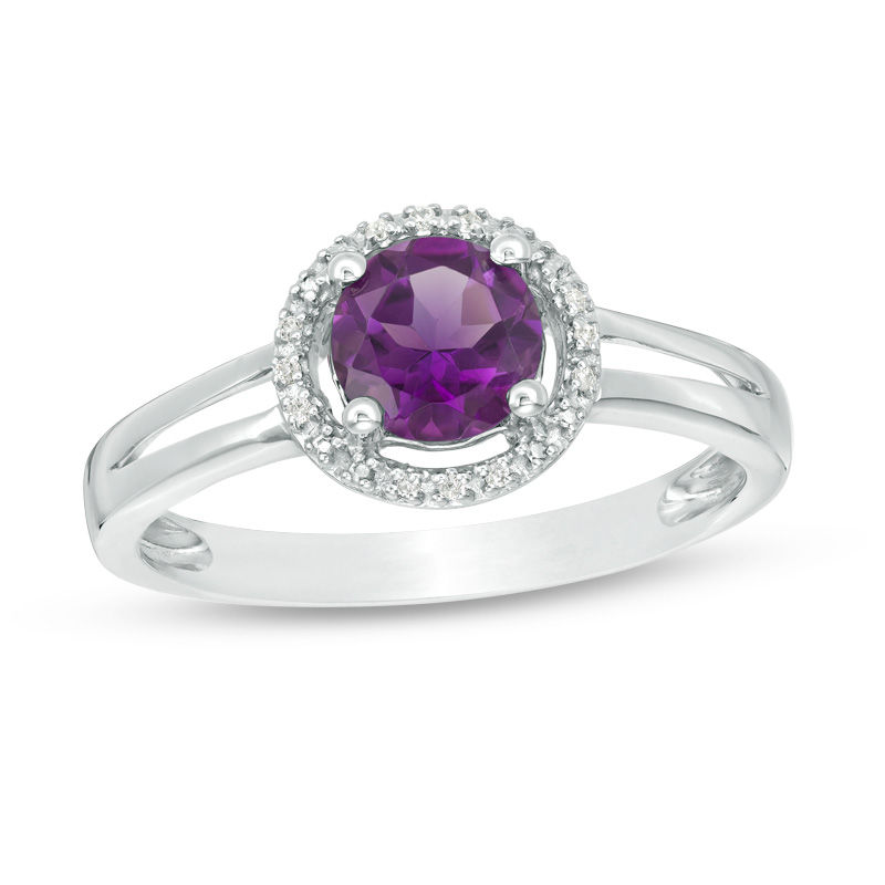 5.7mm Amethyst and Diamond Accent Frame Split Shank Ring in Sterling Silver