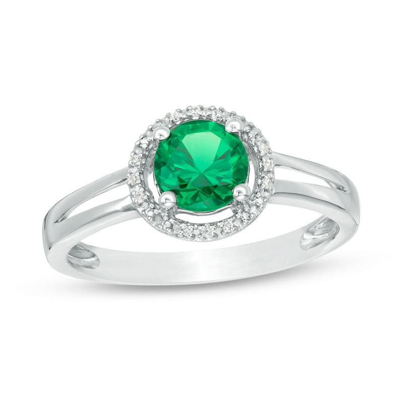 5.7mm Lab-Created Emerald and Diamond Accent Frame Split Shank Ring in Sterling Silver