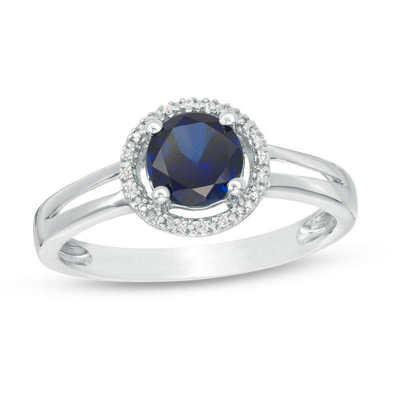 5.7mm Lab-Created Blue Sapphire and Diamond Accent Frame Split Shank Ring in Sterling Silver|Peoples Jewellers