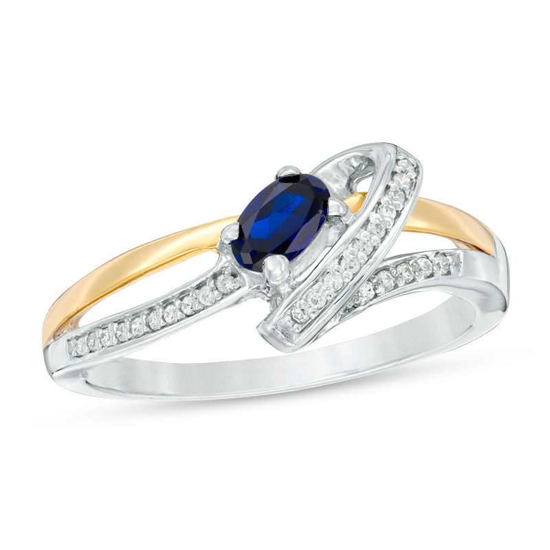 Oval Lab-Created Blue Sapphire and Diamond Accent Bypass Ring in Sterling Silver and 10K Gold|Peoples Jewellers