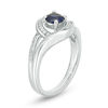 Thumbnail Image 1 of 5.0mm Lab-Created Blue Sapphire and 0.09 CT. T.W. Diamond Swirl Frame Split Shank Ring in Sterling Silver