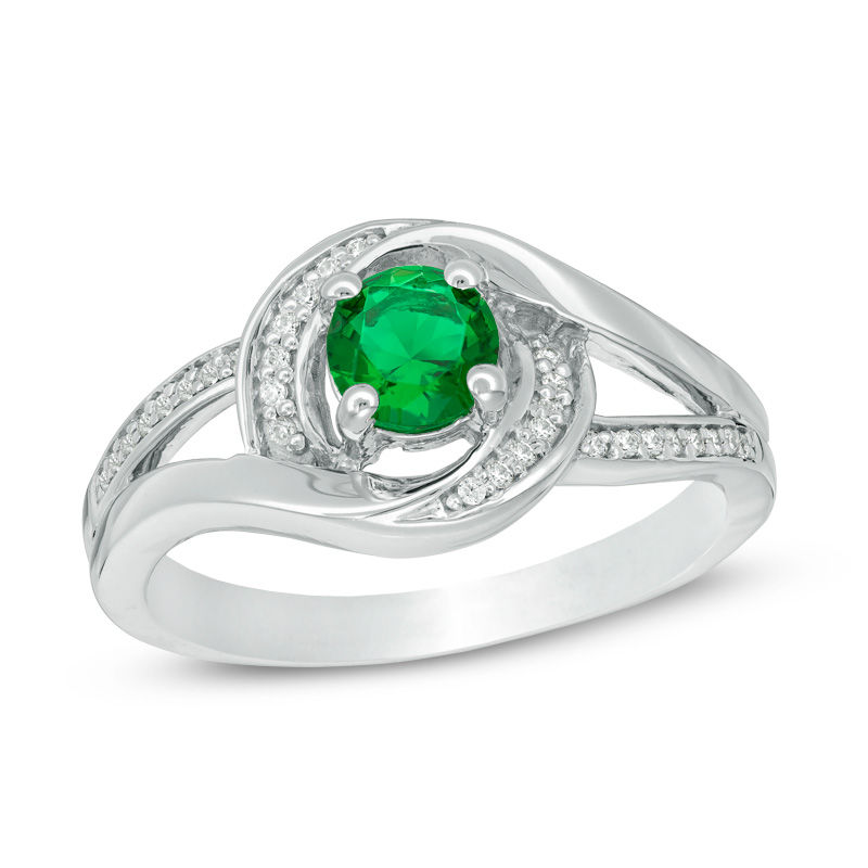 Lab-Created Emerald and 0.09 CT. T.W. Diamond Swirl Frame Split Shank Ring in Sterling Silver