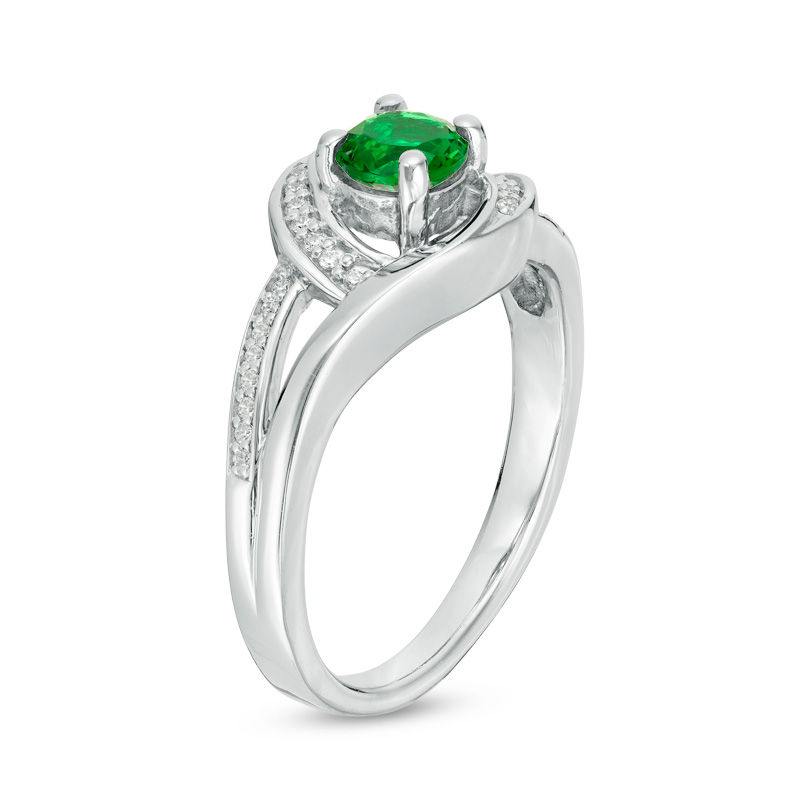 Lab-Created Emerald and 0.09 CT. T.W. Diamond Swirl Frame Split Shank Ring in Sterling Silver