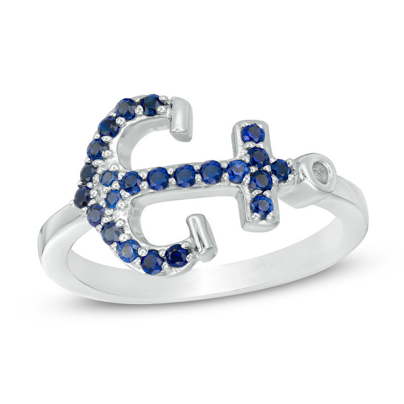 Lab-Created Blue Sapphire Sideways Anchor Ring in Sterling Silver