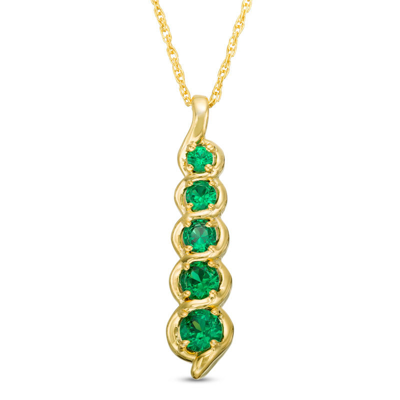 Lab-Created Emerald Cascading Linear Five Stone Pendant in 10K Gold