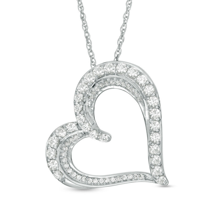 Lab-Created White Sapphire and 0.09 CT. T.W. Diamond Tilted Heart Pendant in Sterling Silver|Peoples Jewellers