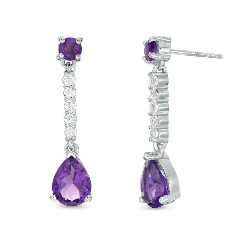 Pear-Shaped Amethyst and White Lab-Created Sapphire Line Drop Earrings in Sterling Silver|Peoples Jewellers