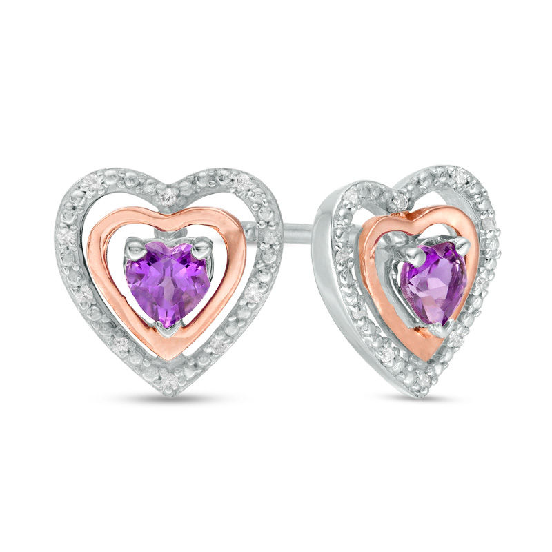 4.0mm Amethyst and Diamond Accent Heart Stud Earrings in Sterling Silver and 10K Rose Gold